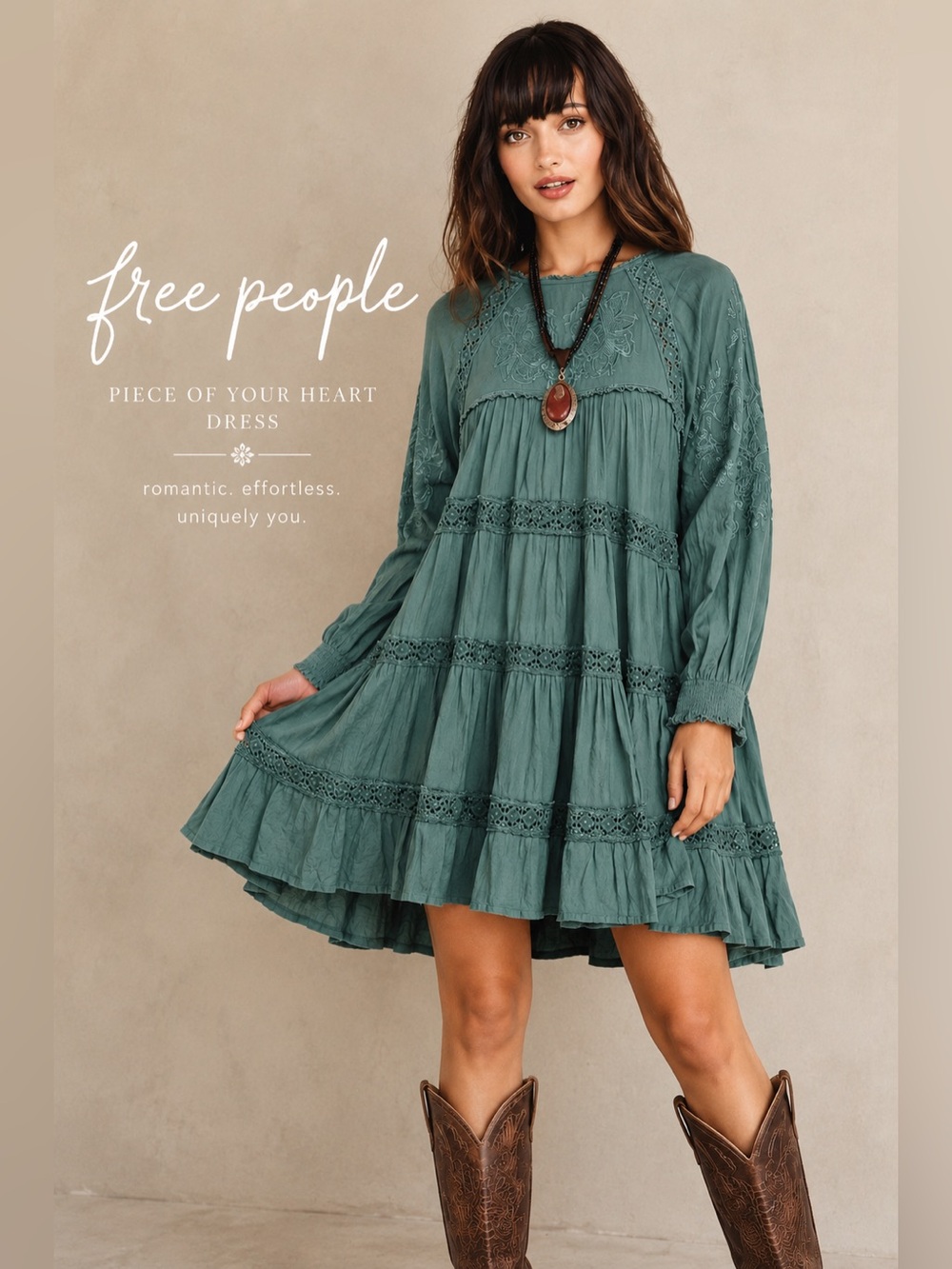 Free People Piece of Your Heart Tunic Dress Green Boho Embroidered Mini Small A3